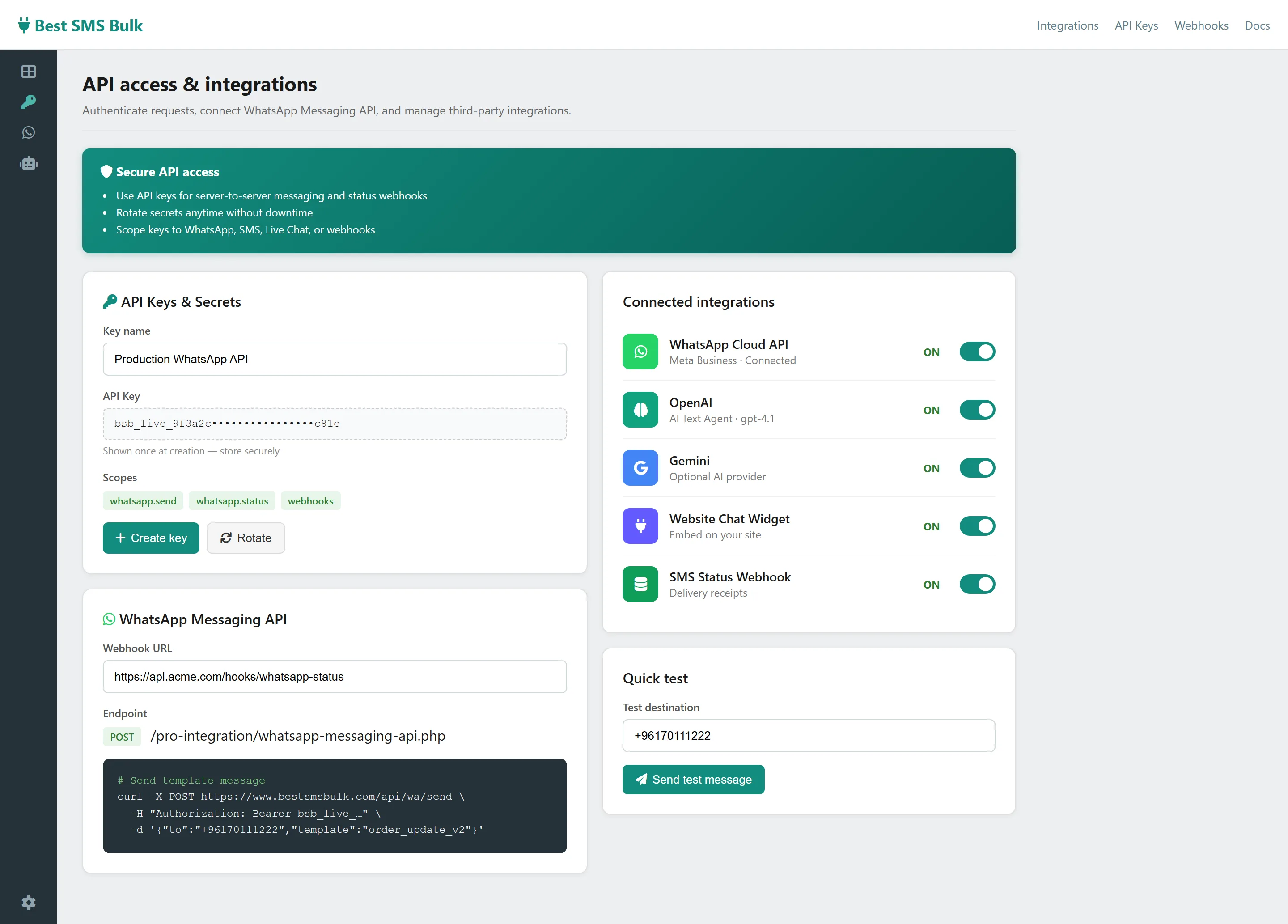 Best SMS Bulk API integrations screen