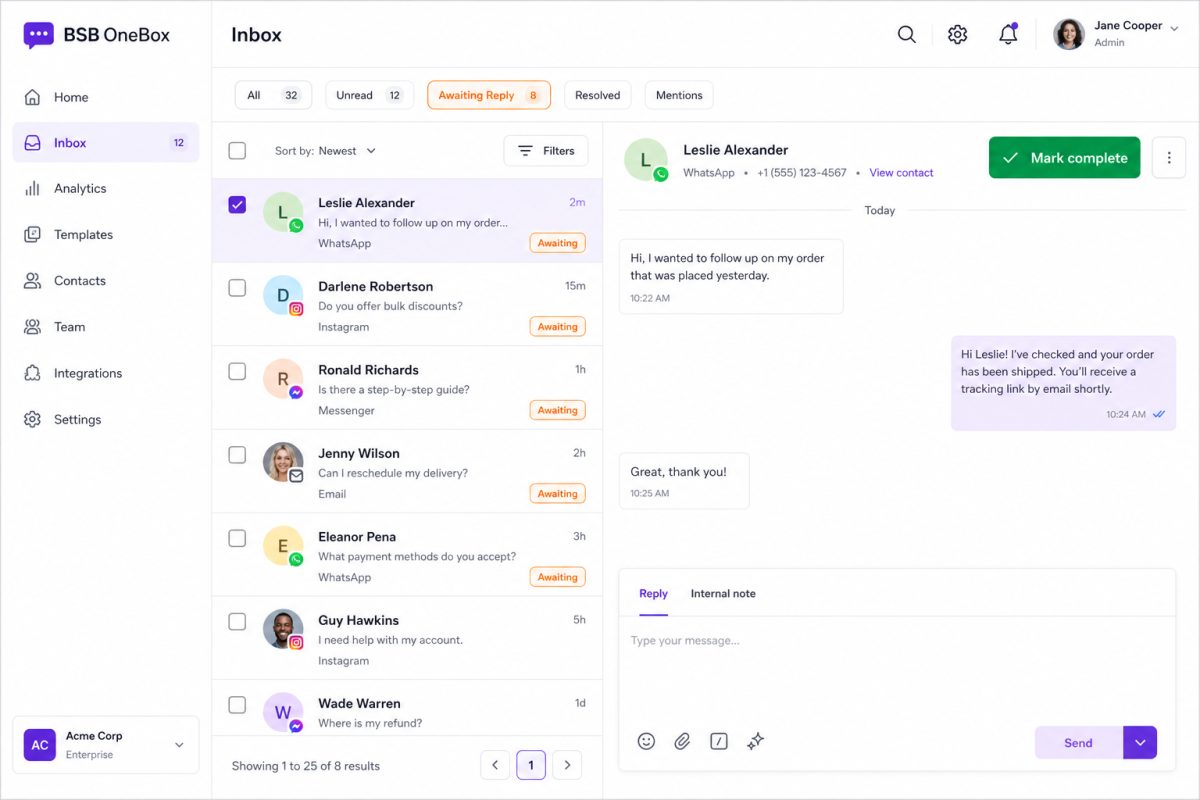 Awaiting Reply filter and Mark complete in the OneBox inbox