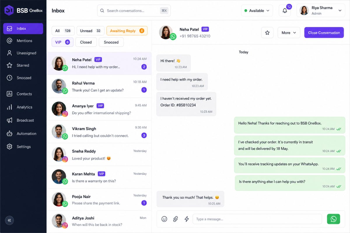 BSB OneBox inbox — conversations, awaiting reply, and chat in one screen