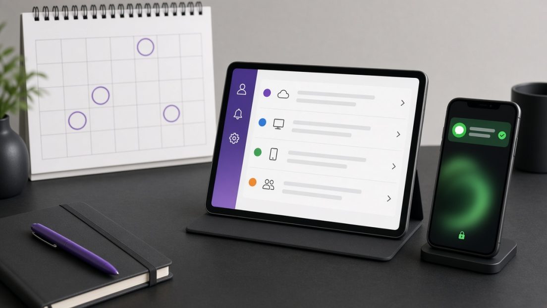 Renewal calendar and a WhatsApp reminder on a customer phone