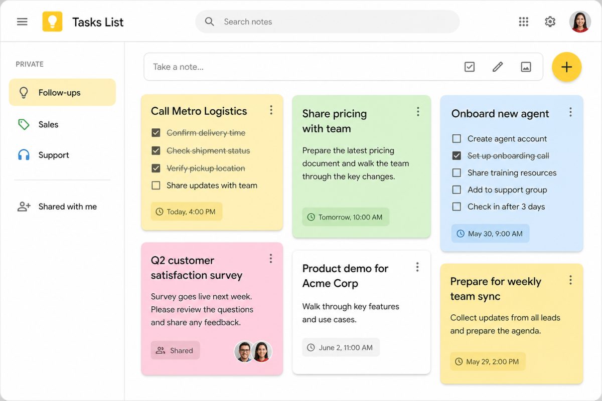 Tasks List with checklists, categories, and team sharing